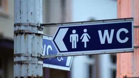 A signpost with a blue WC toilet sign