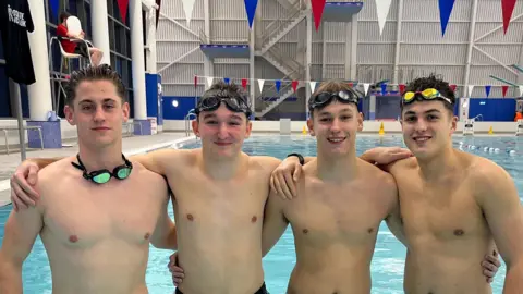 The FitzWimarc School pupils George Coverly, 17, George Nagle, 17, Jack Minney, 17 and Henry Dean, 18, completing a swim the distance equivalent to the English Channel at Southend Leisure & Tennis centre on Thursday 28th November 2024