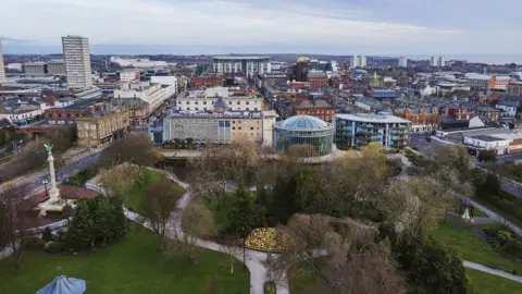 Aerial image of Sunderland city centre with Mowbray Park in the foreground. 