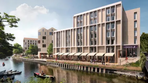 An artist's impression of plans for a modern hotel rebuild alongside flat blocks in a riverside location, with canoeists on the water and people walking