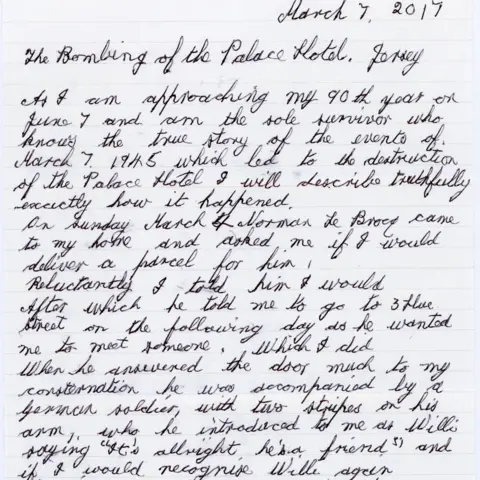 Jersey Heritage A handwritten letter with details of the bombing of the Palace Hotel.
