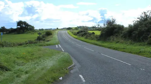 A winding country road with green fields and trees up both sides
