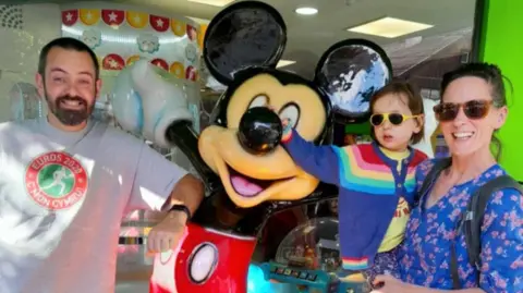Gwion Elis-Williams Gwion, Nia and their daughter standing next to a statue of Mickey Mouse. Their daughter is touching its nose and is wearing yellow glasses. Mia is also wearing glasses. and a blue top. Their daughter is in a multi-coloured jumper