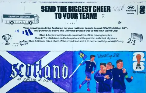 Sean McIntosh A drawing of Scotland players celebrating a win along with a Saltire with the words Scotland - No Scotland, No Party 