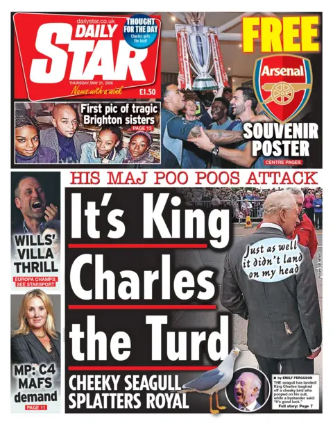 "It's King Charles the Turd," reads the headline on the front page of the Daily Star.