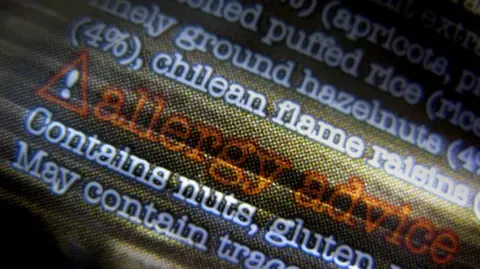The image shows a close-up of food packaging text, focusing on allergy information. The design includes a warning triangle with an exclamation mark, followed by the words “allergy advice” in bold orange-red lettering. Beneath that, the text states: “Contains nuts, gluten, wheat” and “May contain traces of seeds.”