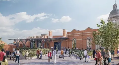 Leicester City Council An artist's impression of the planned new entrance to Leicester station with green areas and people standing in a pedestrianised area. 