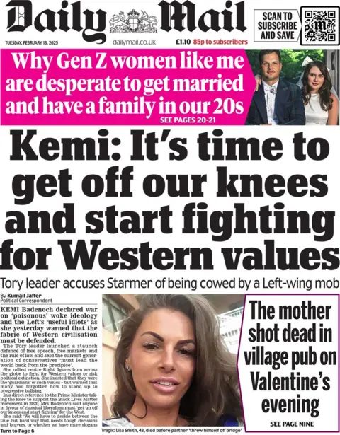 Daily Mail headline reads: Kemi: It's time to get off our knees and start fighting for Western values