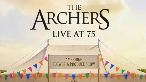 An illustration of a large white tent with a sign saying 'Ambridge Flower & Produce Show', and colourful bunting on it. Above the tent in black text it says 'The Archers Live at 75'.