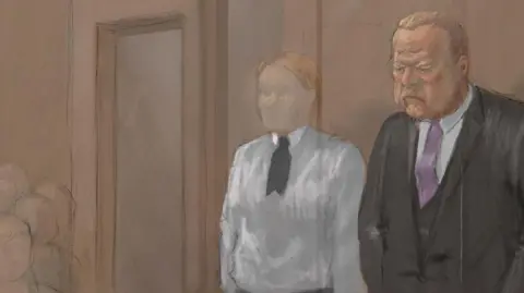 Nick Lewis An artist impression of the inside of court room 4 at Hull Crown Court. Robert Bush stands to the right wearing a formal suit and tie. A prison guard stands next to him wearing a white shirt.