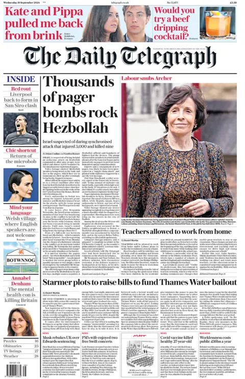 Daily Telegraph headlines "thousands of pager bombs stone  Hezbollah" 