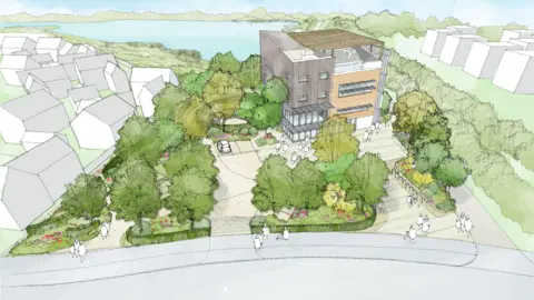 An artist's impression of the Northstowe Church Network's proposed faith and community hub. It shows a four-storey building with a rooftop terrace on one side. It is surrounded by trees. Outside of their perimeter is the outlines of houses and a lake. 