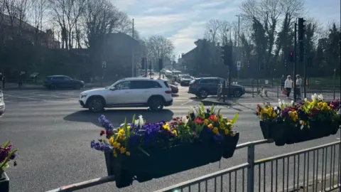 A junction with multiple cars driving. 
