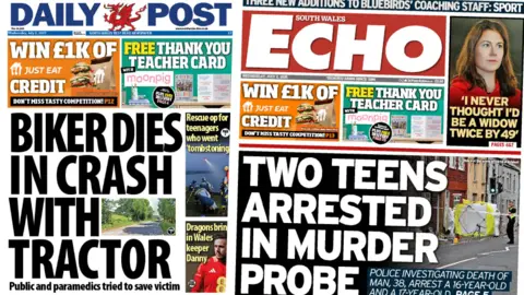 On the left is the front page of the Daily Post with the headline: "Biker dies in crash with tractor". On the right is the front page of the South Wales Echo with the headline: "Two teens arrested in murder probe".
