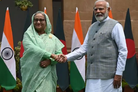 Getty Images Prime Minister Narendra Modi and Bangladesh's Prime Minister Sheikh Hasina before their meeting at Hyderabad house, on June 22, 2024 in New Delhi, India.