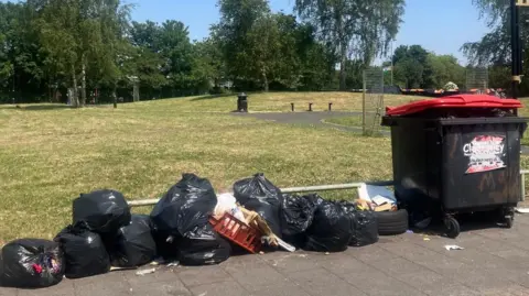 A row of bin bags next to a large black and red bin in a park.
