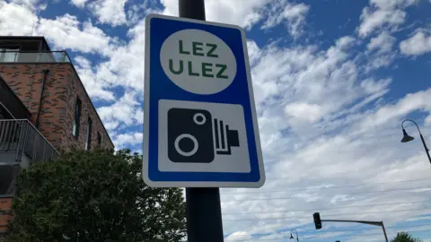 A blue roadside sign displaying the LEZ and ULEZ symbols is mounted on a pole beside a road. A brick building, trees, streetlights, traffic lights and moving vehicles are visible beneath a partly cloudy sky.
