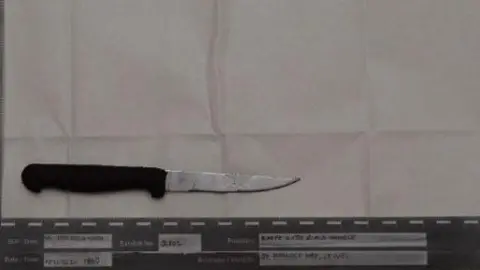 Cambs Police A black and white image of a knife on a white background. There are blurry measurements and words beneath the knife in the picture