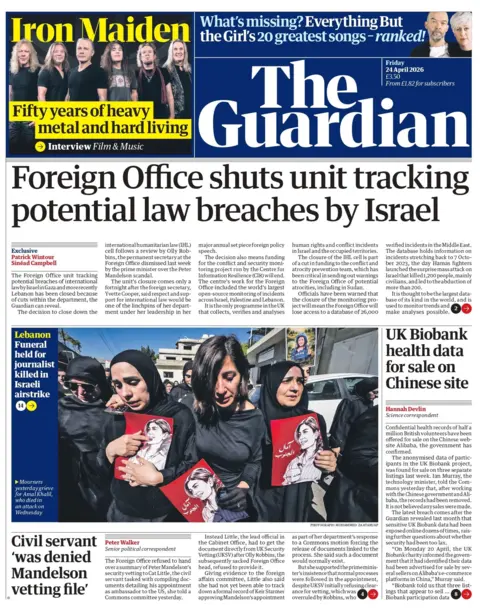 "Foreign Office shuts unit tracking potential law breaches by Israel" reads the headline on the front page of the Guardian.