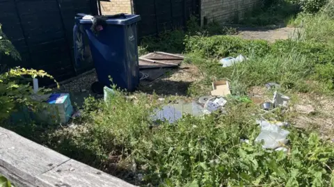 Rubbish strewn outside of a house, with a blue wheelie bin open and weeds growing.