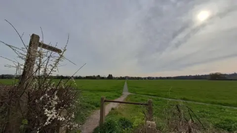weathervain A narrow footpath runs through a grassy field under a mix of bright sunlight and cloud. 