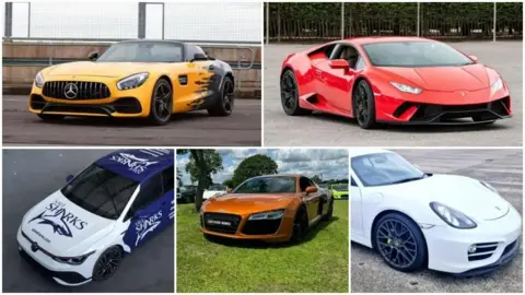 Car Chase Heroes Composite of five high-performance cars which have been stolen from an airfield: a gold Audi R8, yellow and black Mercedes AMG, red Lamborghini Huracán, white and blue VW Golf Club Sport and white Porsche Cayman