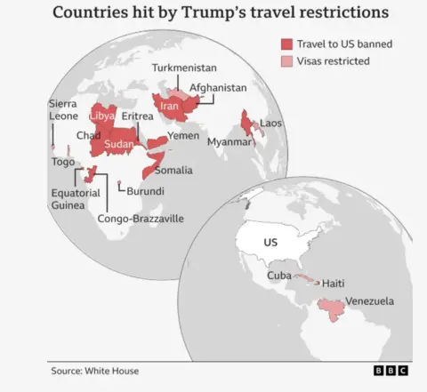 Image shows a map of the countries hit by US President Donald Trump's travel ban