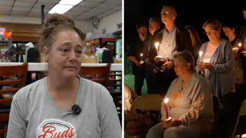 A woman is reacting to the Tennessee explosion and on the right is a vigil.