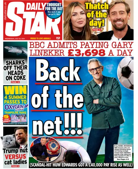 Daily Star headline reads: Back of the net!!! with a picture of Gary Lineker and some footballs