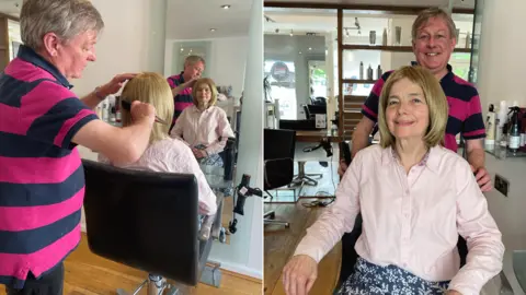 Two pictures of Andrew and Wendy, one from behind as he combs the blonde wig on her head, and the second after it is properly fitted. Andrew has short grey hair and wears a pink and black striped shirt. Wendy wears a light pink shirt and a black and white patterned skirt.