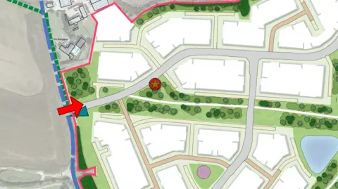 Hallam Land Plans are outlined in red over an aerial view illustration, with a red arrow showing a new access route and circles marking a proposed new bus stop and children's play area. 