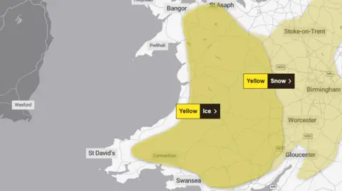 Met office A met office weather warning map shows all of inland wales covered in a yellow area labeled yellow ice and another yellow area labeled yellow snow. the places shown are Swansea St Davids Pwllheli Bangor and St Asaph