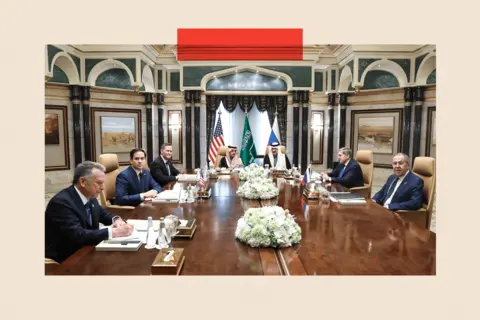 Russian Foreign Ministry Handout/ Getty Images Russian Foreign Minister Sergey Lavrov and Foreign Policy Advisor Yuri Ushakov attending a meeting between Russia and the United States, in Riyadh, Saudi Arabia
