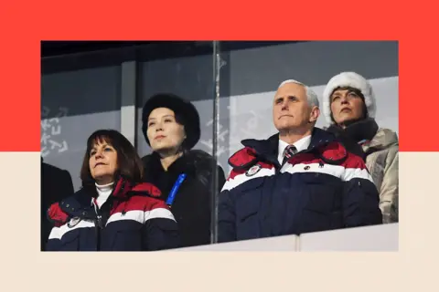 Getty Images Mike Pence and Kim Jong Un's sister Kim Yo-Jong (back left) watch on during the Opening Ceremony of the PyeongChang 2018 Winter Olympic Games
