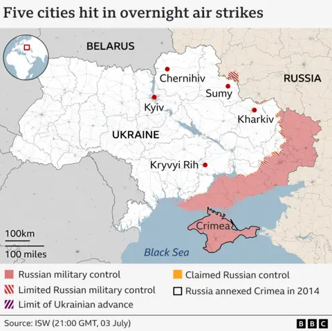 Map showing five cities in regions in Ukraine hit by Russian air strikes on Thursday night – Kyiv, Chernihiv, Sumy, Kharkiv and Kryvyi Rih . It also shows Russia’s current military control and advances in Ukraine mostly in the east and south of the country.