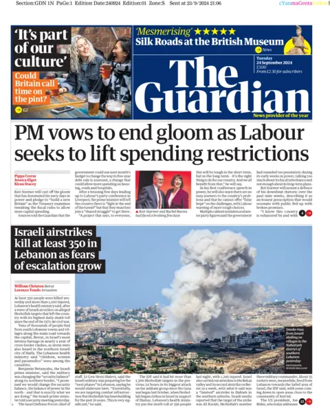 The beforehand   leafage   of the Guardian. The header  reads 'PM vows to extremity  gloom arsenic  Labour seeks to assistance   spending restrictions'.