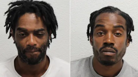 Composite image of two mugshots. Walcott has black hair with a black beard with some grey hairs. His left eye is slightly closed. Mali has a beard and black hair. 