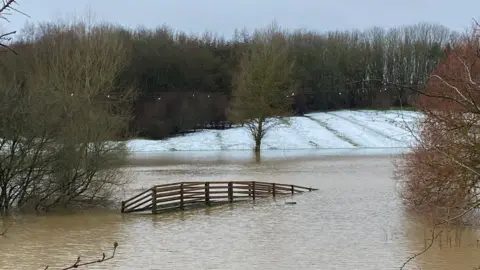 Melton Borough Council The railings of the ridge emerging from flood waters and surrounded by water and trees 