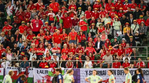 Wales fans in the stands watch Wales against France in St Gallen. Welsh national flags are draped over barriers with Wales players in lime green change shirts stand on the pitch.