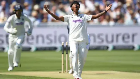 Getty Images Kranti Gaud of India celebrates after bowling Alice Capsey during day two of the 1st Women's Rothesay Test Match between England and India at Lord's Cricket Ground on July 11, 2026 in London, England.