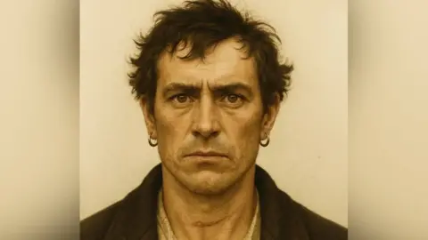 An AI image of a man staring intently at the camera. He has ruffled dark hair, brown eyes, and a hooped earring in each ear. He has the scar of what looks to be a cut across his neck.