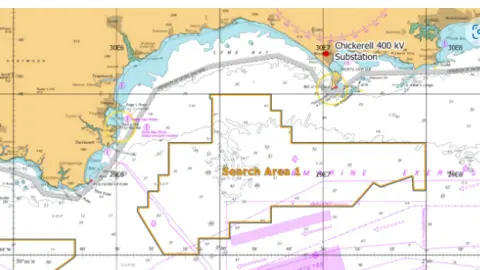 Source Galileo A map shows "Search Area 1", outlining an area south of Lyme Bay where the wind turbines might be situated