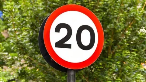 A 20mph speed limit sign pictured close up in front of a hedge. The circular sign as a red ring around the border, with '20' written in black on a white background.