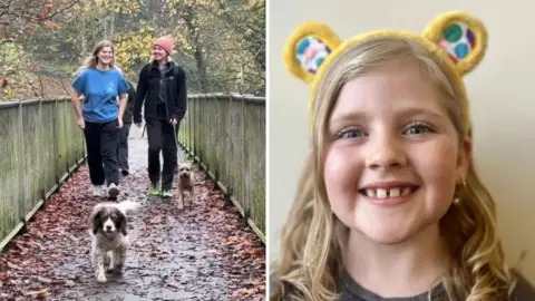 BBC A composite of two images: on the left two women walk across a wooden bridge with their dogs. On the right a young girl wearing Pudsey ears smiles at the camera. She has long blonde hair. 