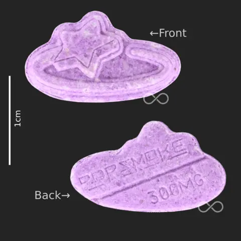 The Loop The front and back images of the pills which are coloured purple and have "pop smoke" inscribed