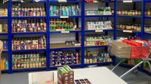 The Woodhouse Close Community Centre Shelving units filled with food