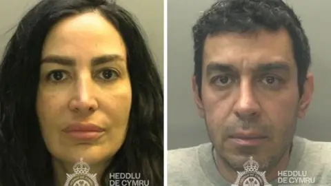 South Wales Police Police custody images of Maryam Delavary (left) who was involved in helping her nephew Alireza Askari cover up the murder.