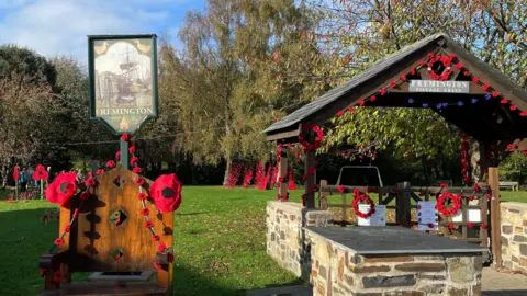 2,500 knitted poppies on display on Fremington's village green. 