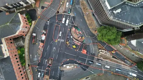 Nottingham City Council An aerial image of the new T-junction on Maid Marian Way, in Nottingham