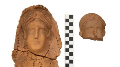 The Vindolanda Trust A side by side comparison of the earlier terracotta bust found at Magna and the recent find on the right. The more recent find is smaller and broken from the nose down. There are strong similarities between the designs.